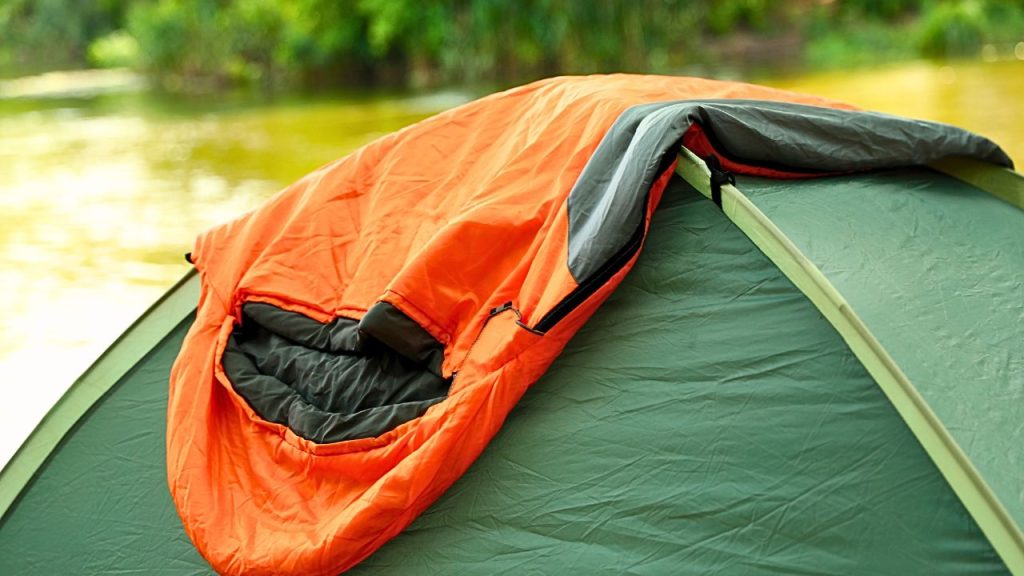 Sleeping bag placed on a tent