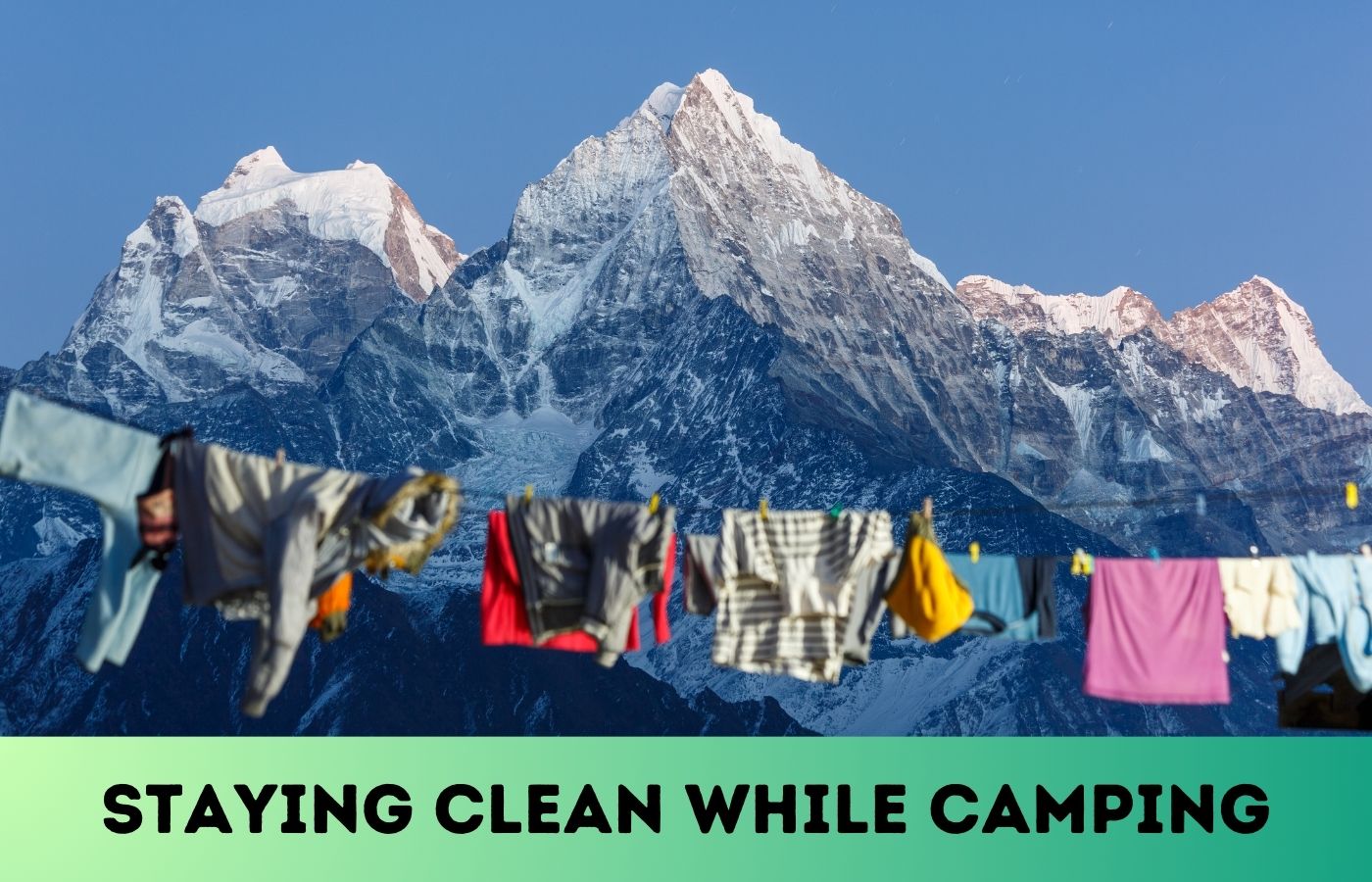 A camper's clothes drying. Mountains in back.